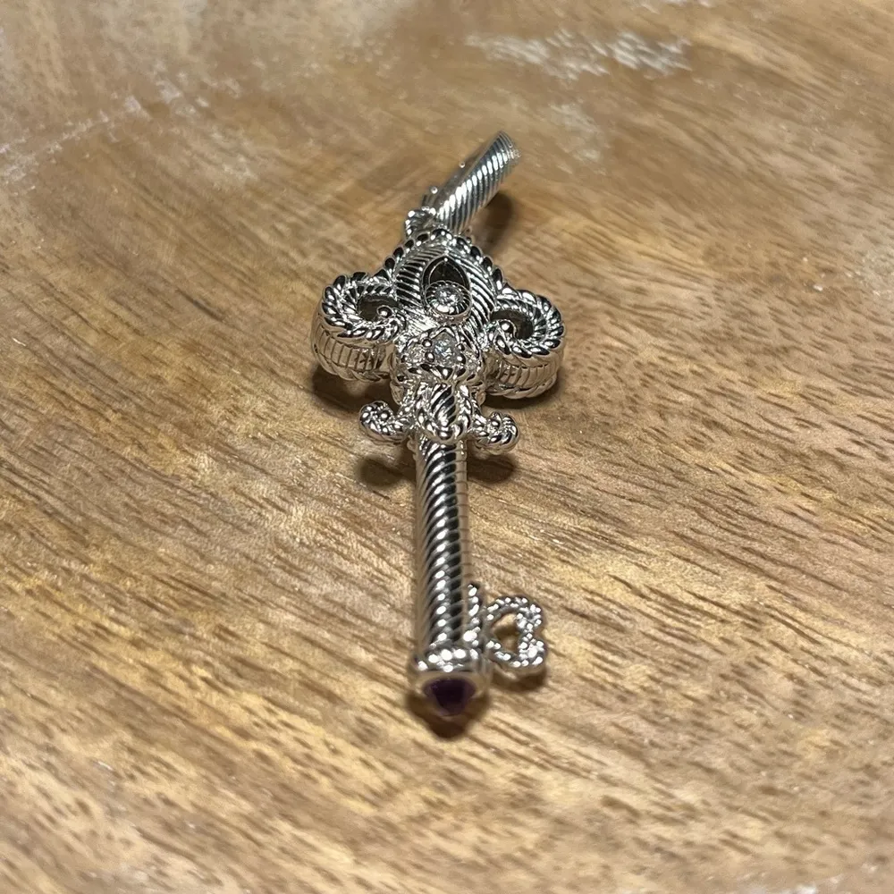 Judith Ripka Sterling Silver CZ Amethyst Fleur-de-lis Key Enhancer Pendant - Image 4