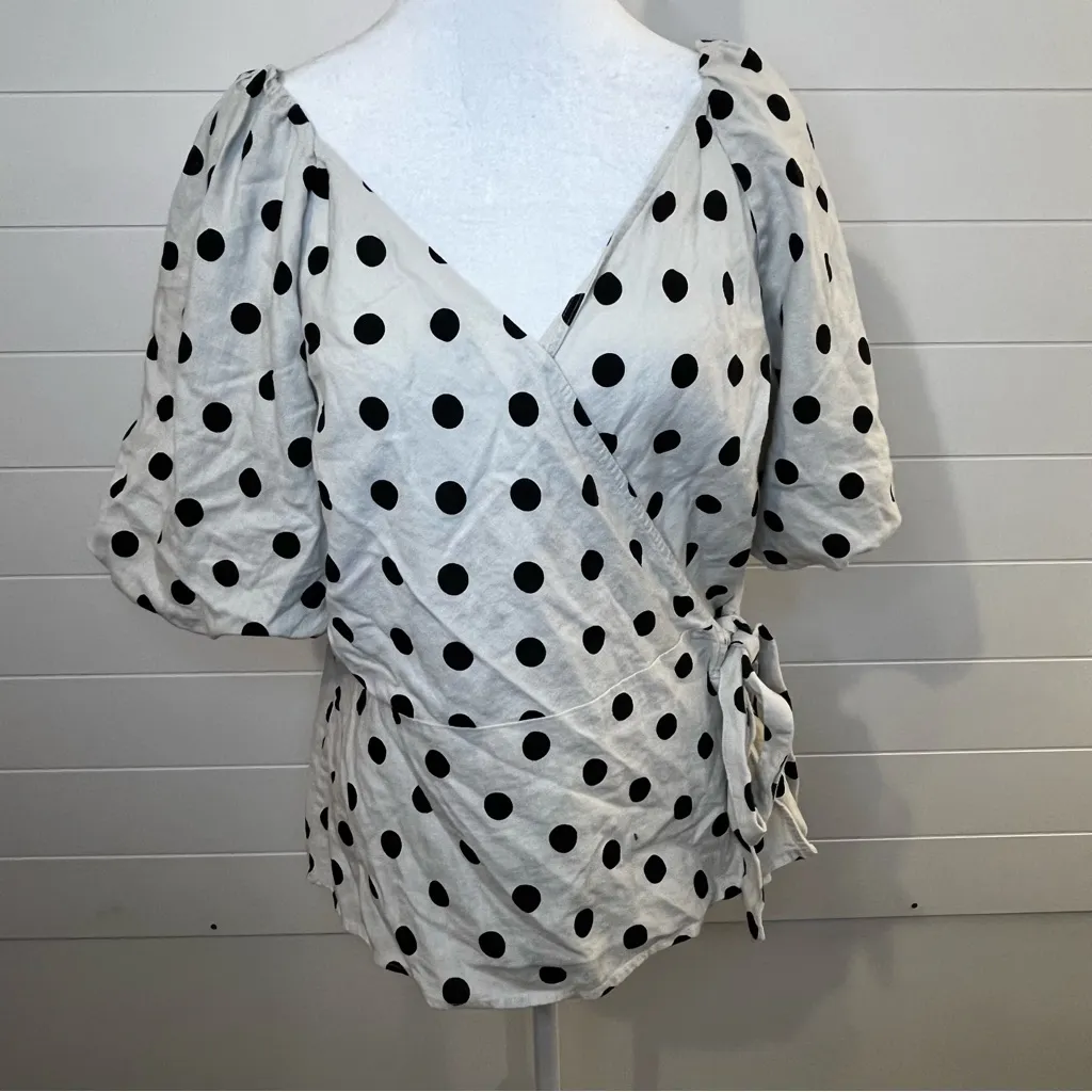 GAP Cream and Black Wrap Polka Dot Blouse Linen Blend - Image 2