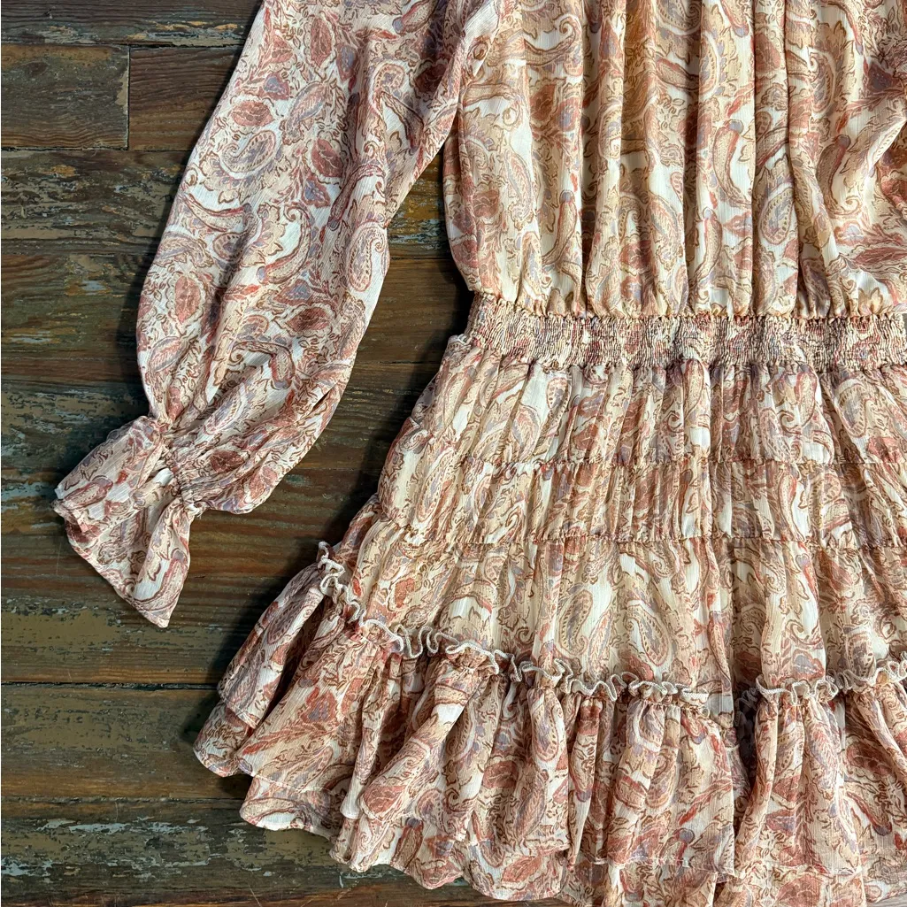 Fate Paisley Print Boho Tiered Ruffle Mock Neck Mini Dress Sz Small 🧡🍄 Brown - Image 8