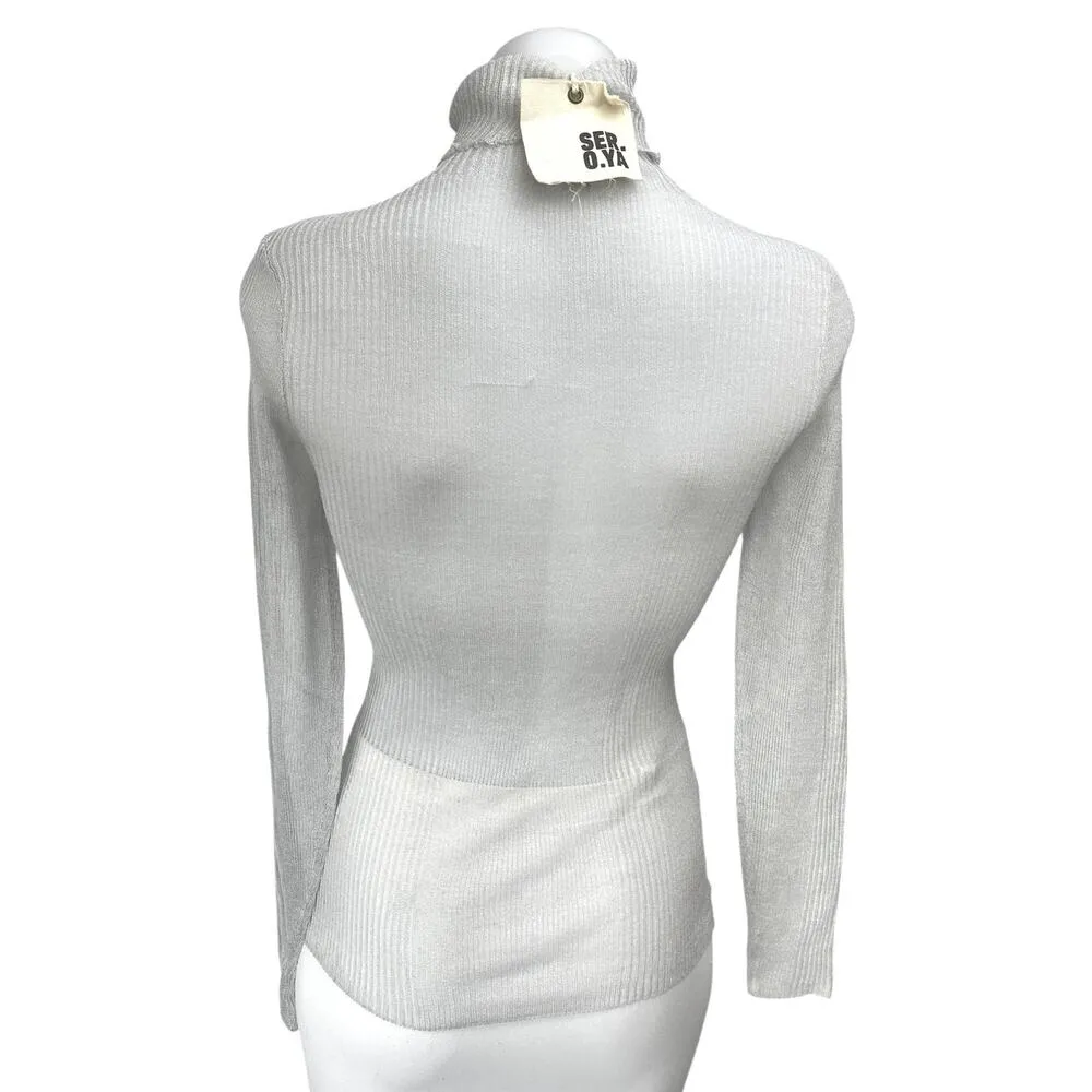 NEW Ser.O.Ya Piper Gray Linen Knit Turtleneck Long Sleeve Sheer Sweater Top Sz M Size M - Image 2