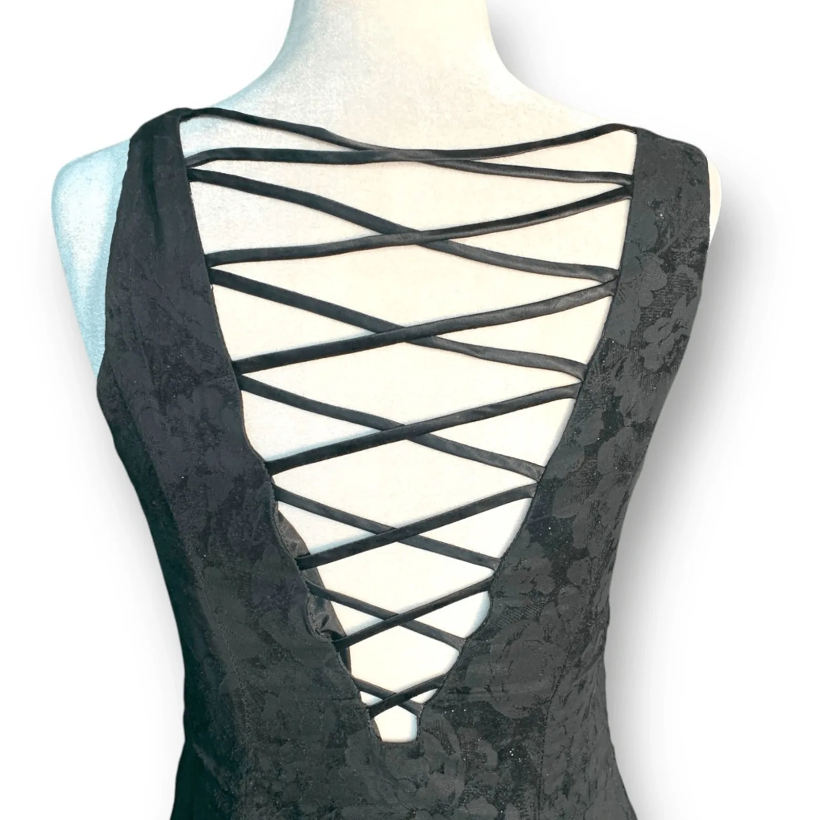 Vintage 90s Zum Zum Black Flocked Floral Fit & Flare Mini Dress Open Back Small - Image 9