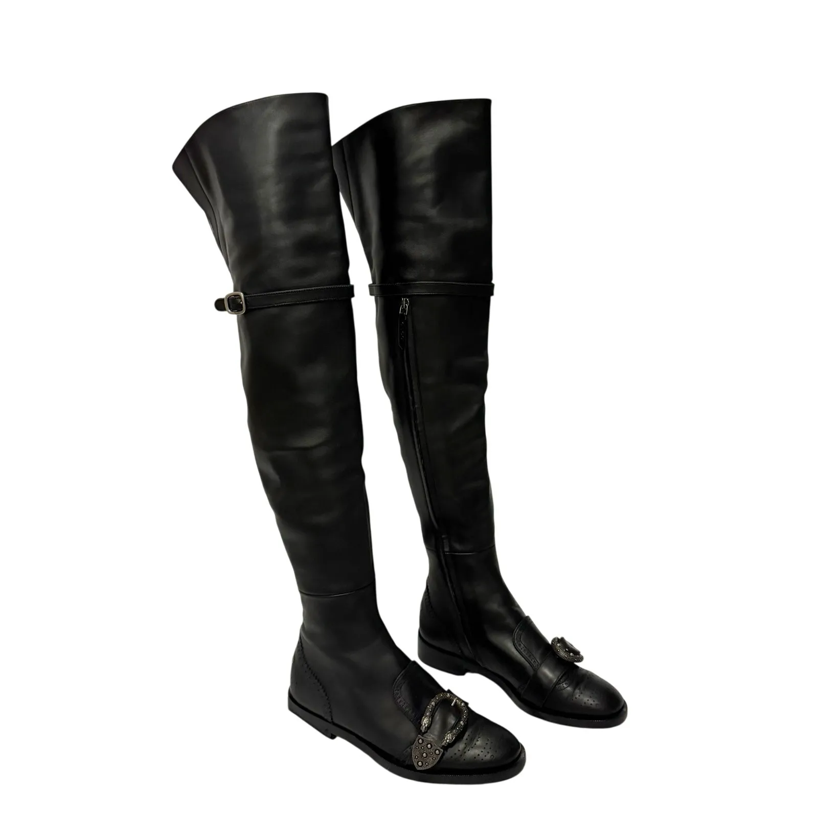 Gucci Dionysus Thigh High Boots 38 Black Leather Bee Brogue Alessandro Michele - Image 2