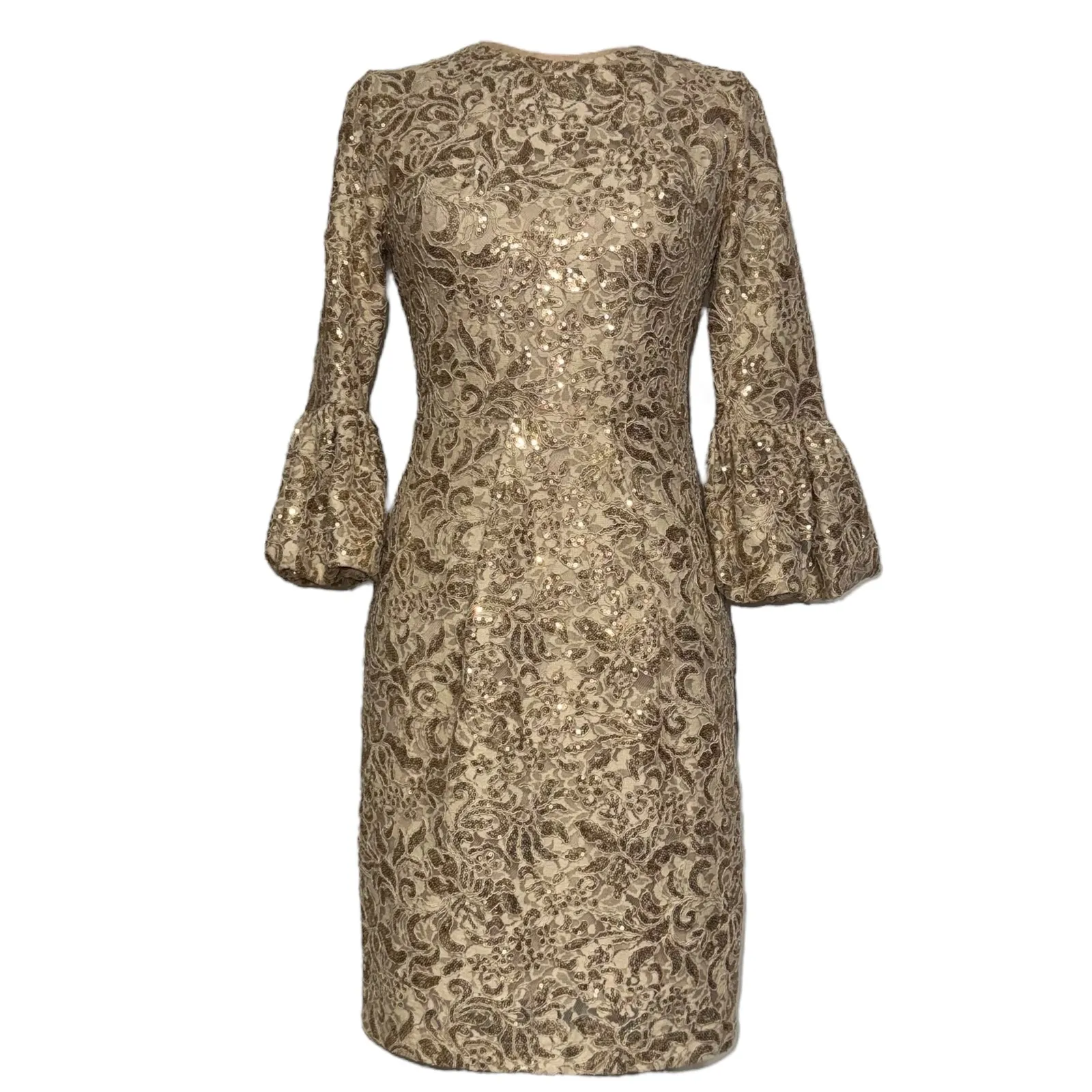 Betsy & Adam Strass Midi Gold Sequin Lace Bell Sleeve Cocktail Dress Size 4P - Image 3