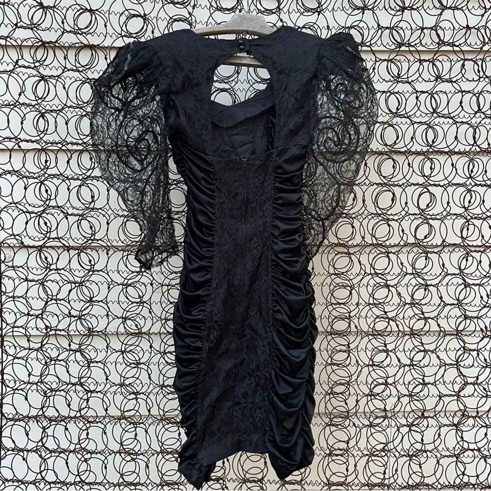 80s Mayvens of California Black Ruched Bodycon Dress Sheer Sequin Puff Sleeve 3 - Image 2