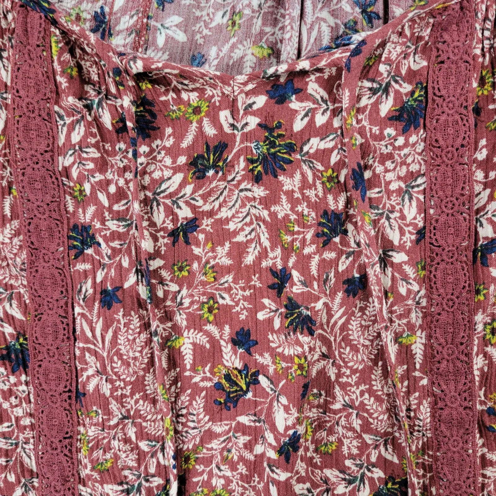 Knox Rose Top Womens L Maroon Red Floral Peasant Flowy Tassels Boho Hippie - Image 6