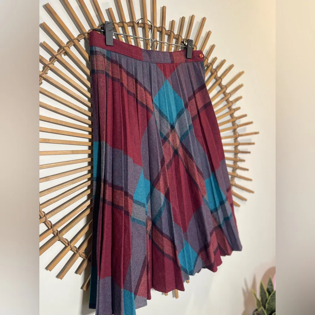 VTG Plaid Pleated Wool Skirt Midi Skirt Red Multi 60’s - Image 3