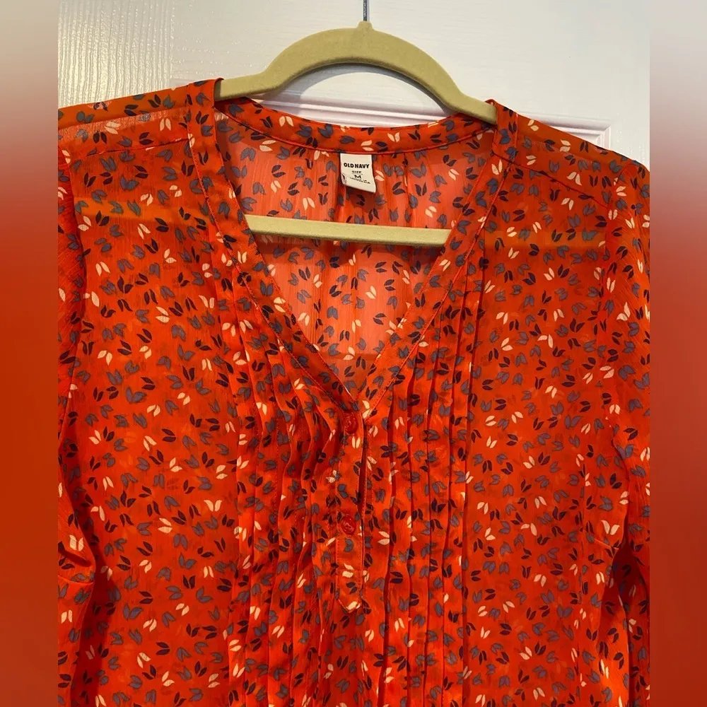 Old Navy Orange Sheer V Neck Long Sleeve Pintuck Peasant Mini Dress Size M - Image 2