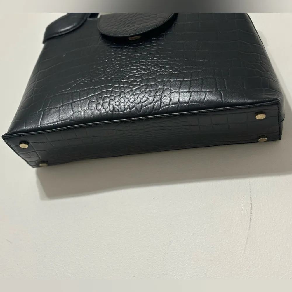 Cleobella Black Croc‎ Embossed Leather Top Handle Handbag Structured Chic - Image 3