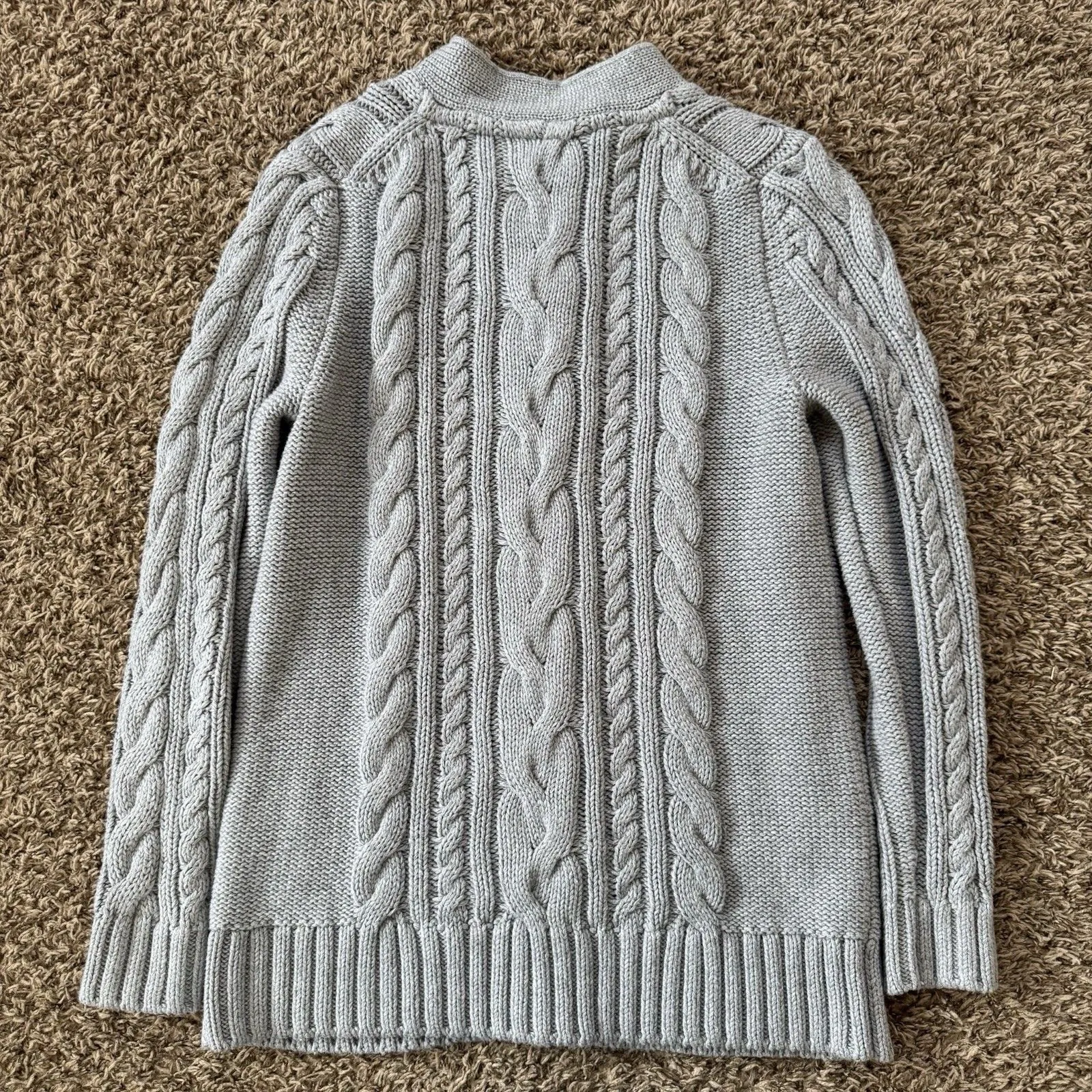 LL BEAN Womens Medium Fisherman Cable Knit Button Up Grey Cardigan Sweater Heavy - Image 2