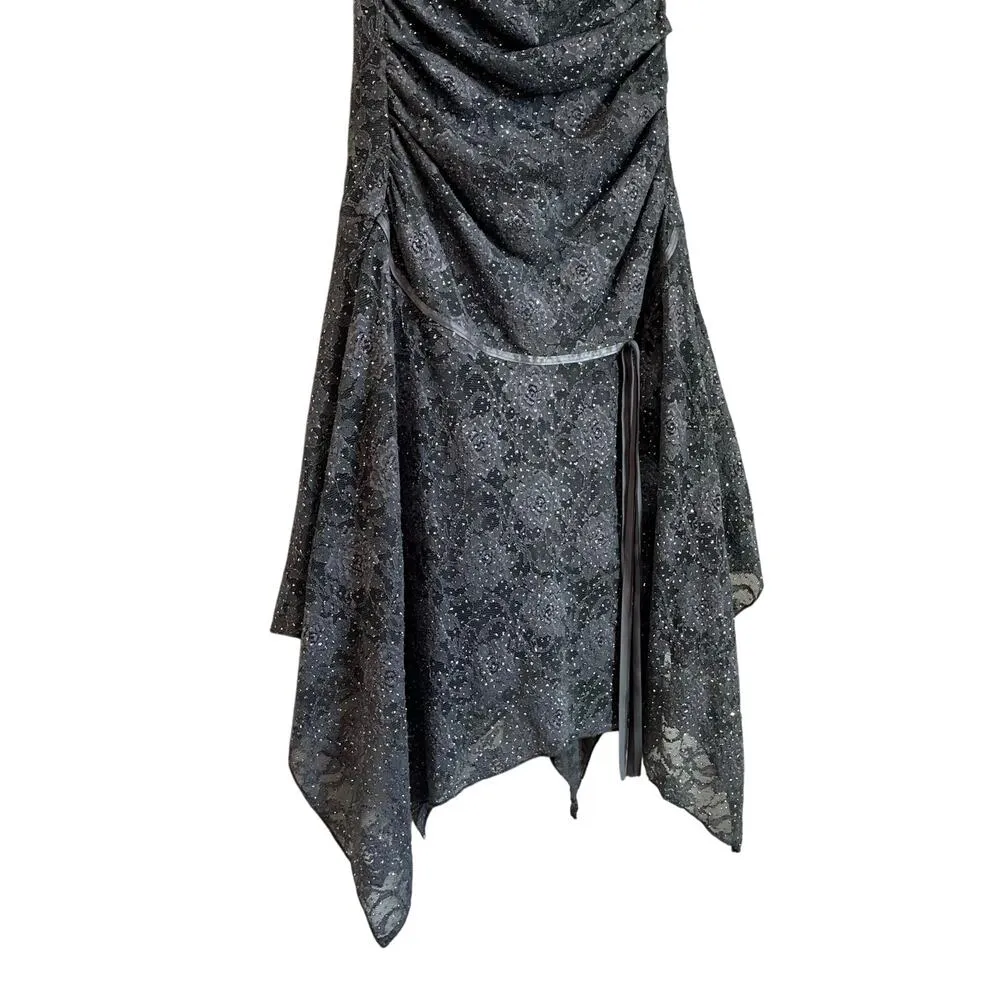 Alyn Paige Gray & Silver Lace Y2K Strapless Handkerchief Hem Party Dress Sz S - Image 3