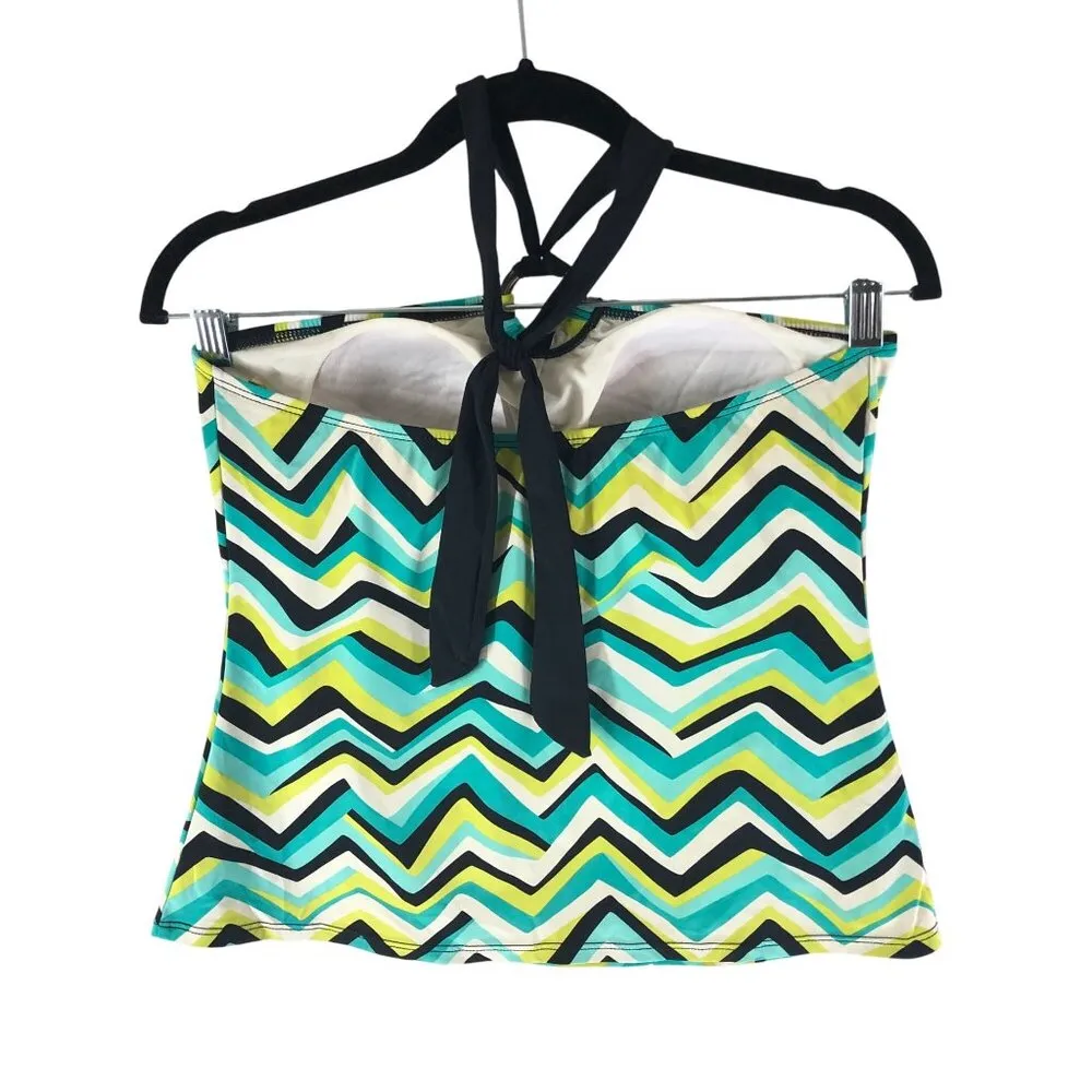 2Bamboo Tankini Top Shelf Bra Halter Chevron Striped Green M Size M - Image 2