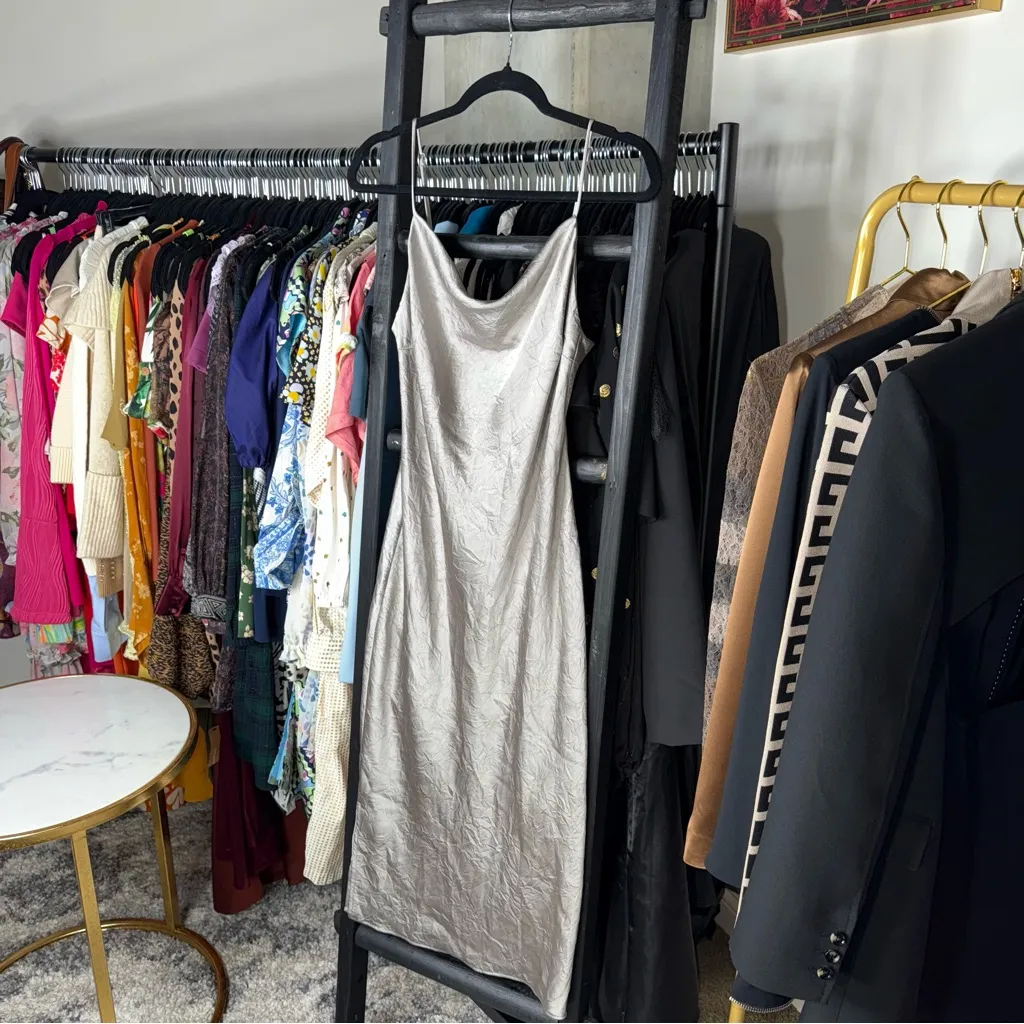 Just Female Rich Dress Paloma Silver Satin Slip Midi Size L - Image 6