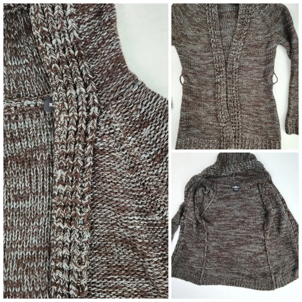 It's Our Time Open Front Hooded Cardigan Size L Gray Brown w/ Metallic Thread - Image 5