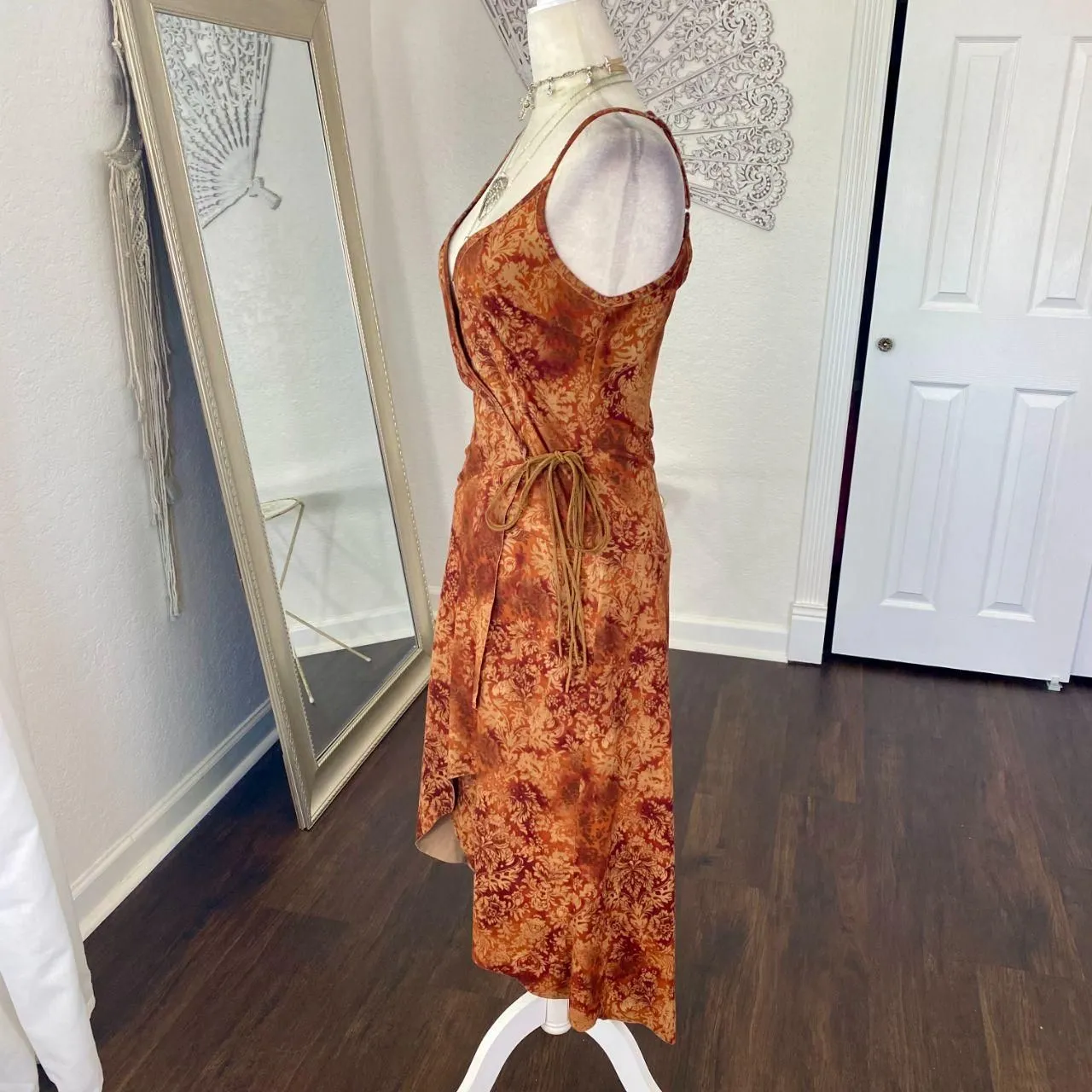 Bebe Orange Red Early 2000's Whimsygoth Bohemian Asymmetric Wrap Dress S - Image 6