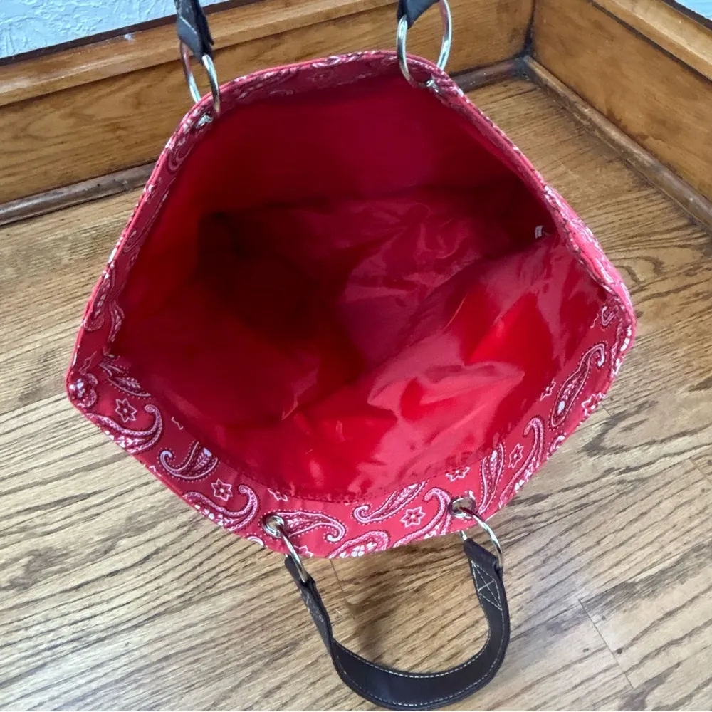 Neiman Marcus Red Paisley Bandanna Print Farmhouse Country Tote Bag - Image 6