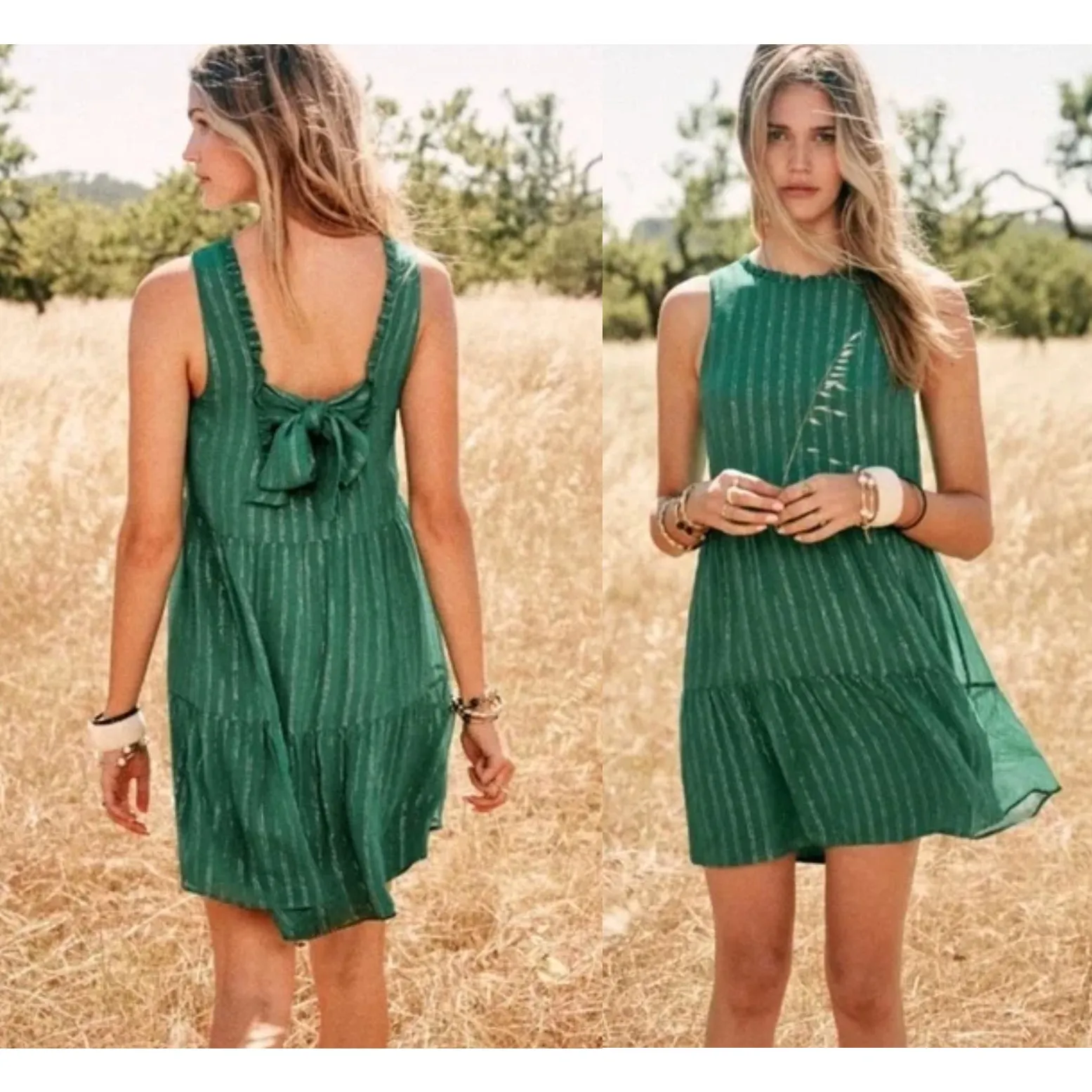 Sézane | Alexandra Green Striped Dress Tie Back | SZ 34 / US 2 - Image 2