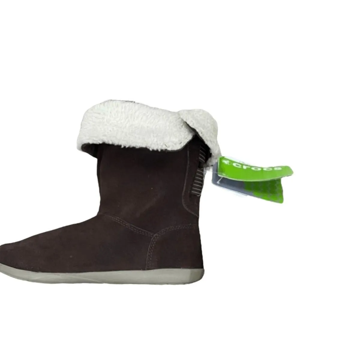 NWT Crocs Womens Adela Foldover Fuzz Snow Boot Size 6 Mahogany Khaki Suede - Image 4