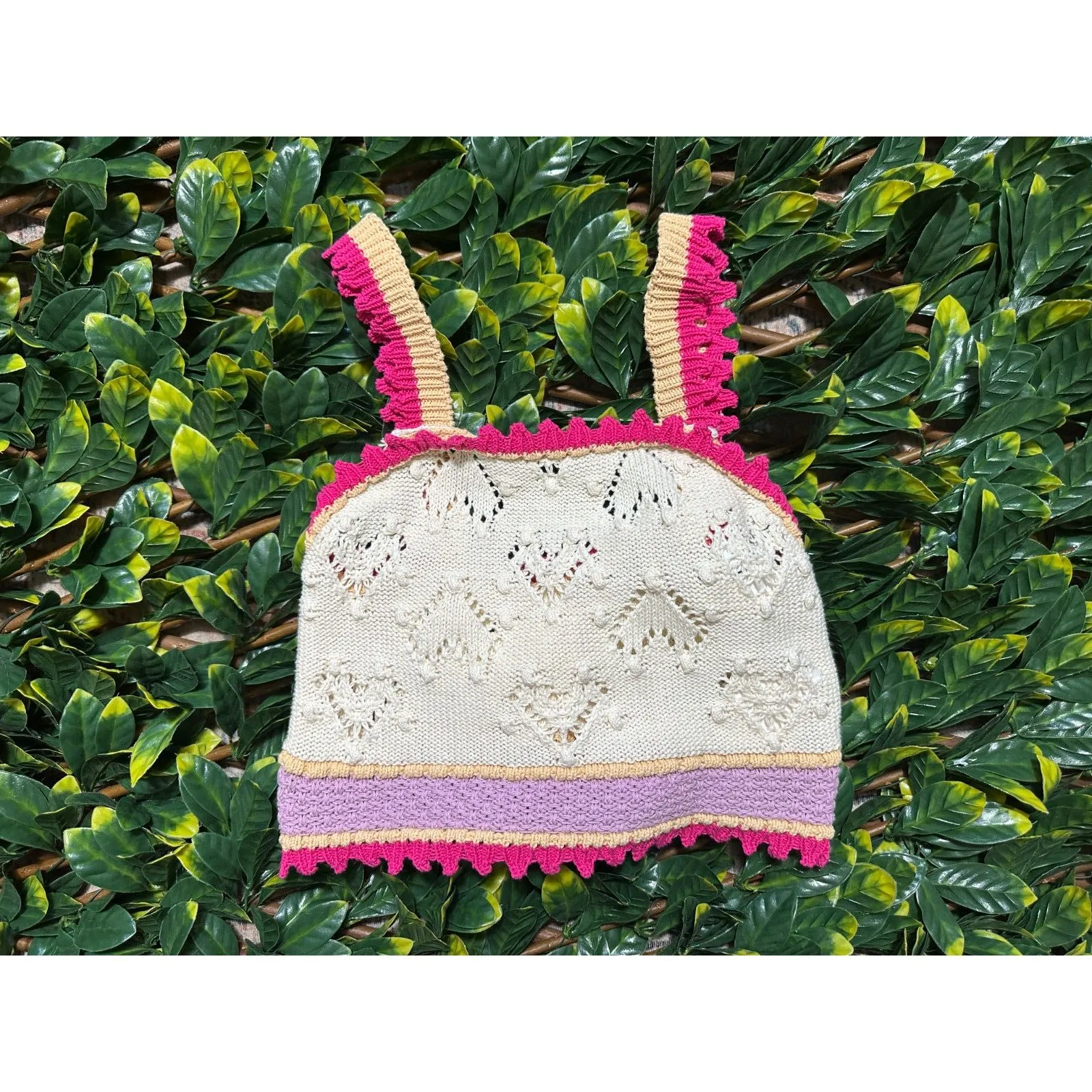 Zara Pink Cream Cottagecore Crochet Knit Heart Top Size Small NWT - Image 4