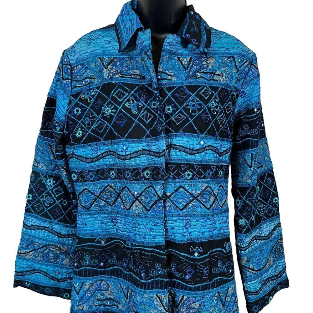Chicos Sapphire Blue Deepwater Beaded Embroidered Brocade Dress Coat - Image 2