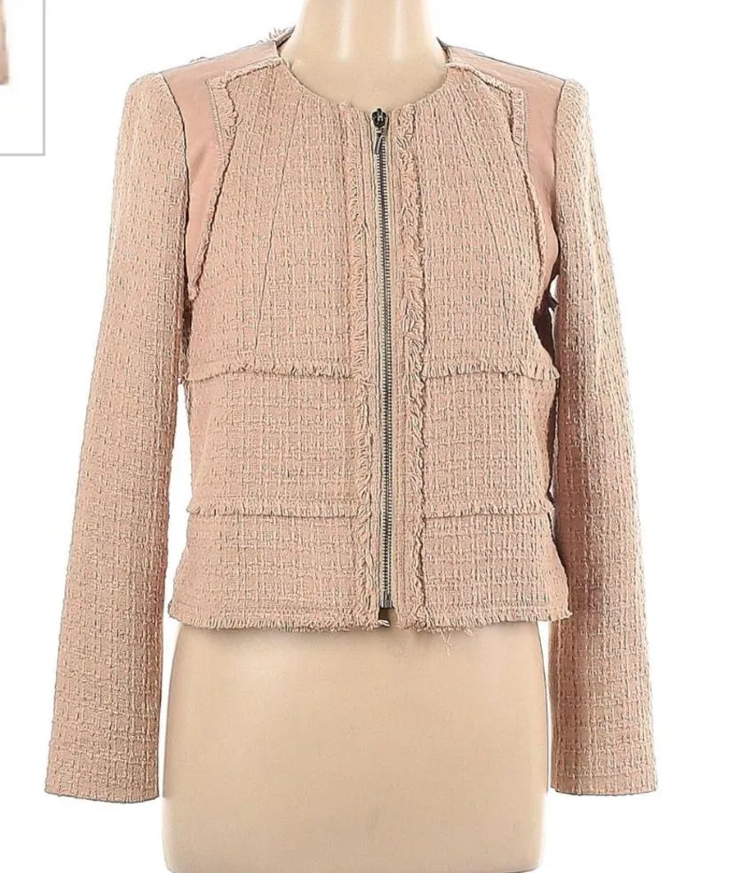 Rebecca Taylor Tan Tweed Blazer w/ Leather Detail - Image 4