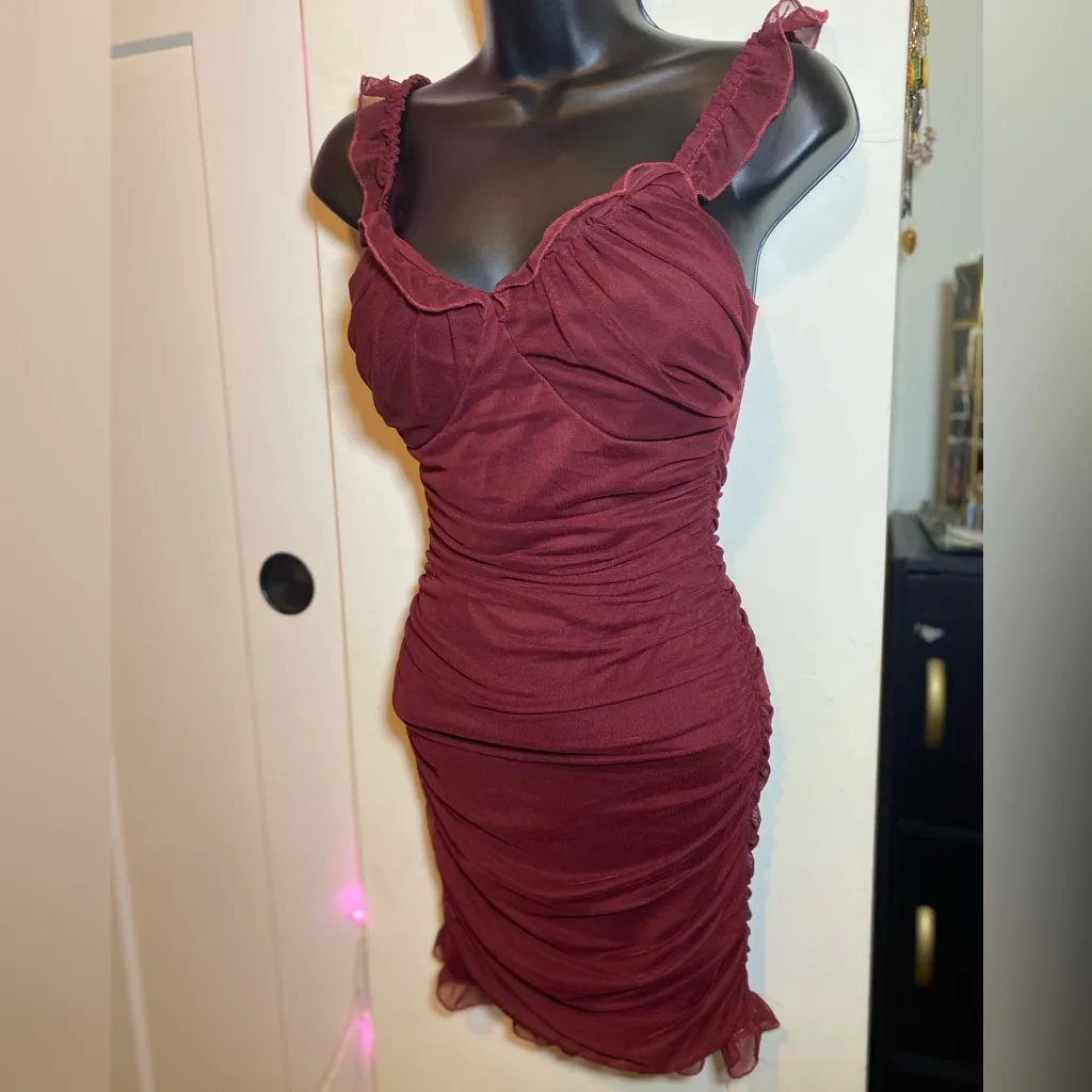 Crystal Sky Ruched Burgundy Sleeveless Mini Dress with Ruffle Straps XS Red - Image 2