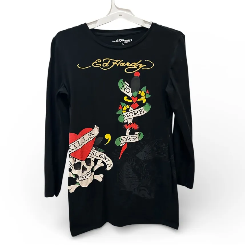 Ed Hardy LKS Skull Long Sleeve T-shirt mini Dress size large black Y2K retro - Image 3