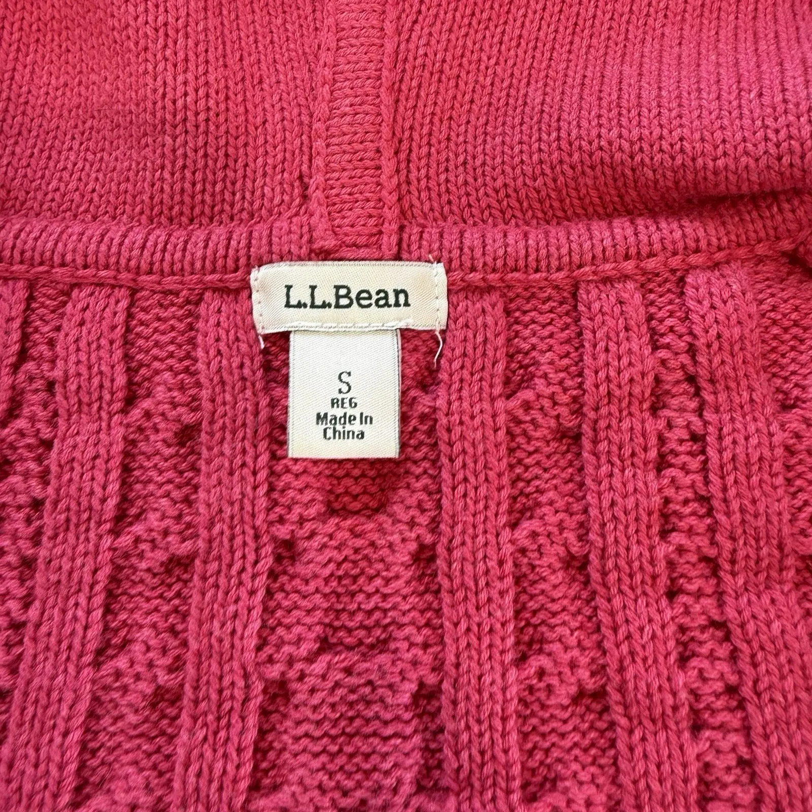 LL Bean Pink Double L Mixed Cable Full Zip Hoodie Pockets Cotton Sweater SMALL - Image 12