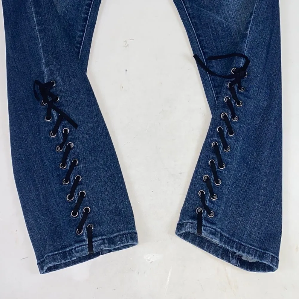 CATHERINE MALANDRINO Dark Wash Denim Skinny Jeans W/ lace up leg D30 - Image 2