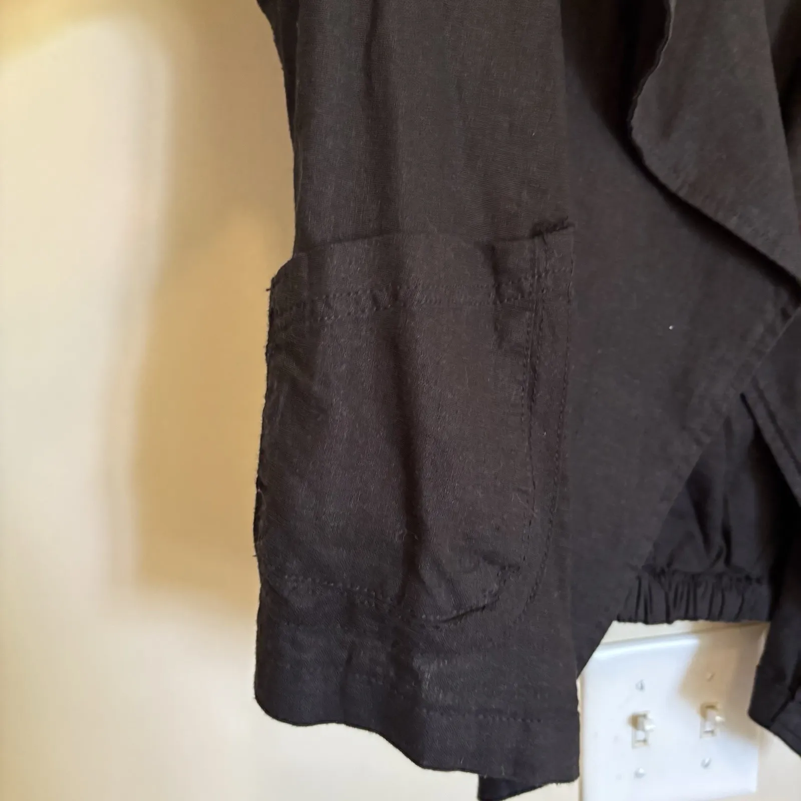 SUPPLIES ‎ Linen Blend Jacket Sz Medium Black Open Front Roll Tab Sleeves Boho - Image 2