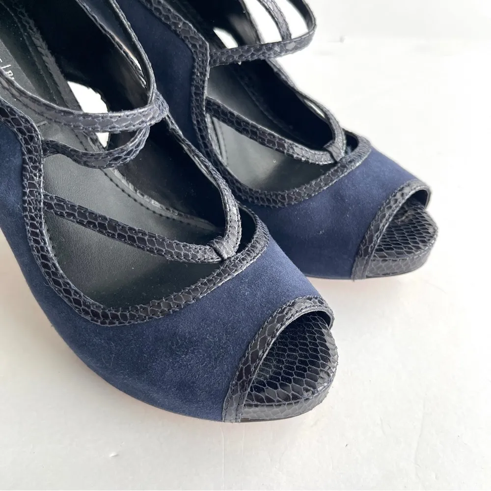 WHBM | Navy Blue Genuine Suede & Leather Peep Toe Strappy Heels Sz 8 - Image 4