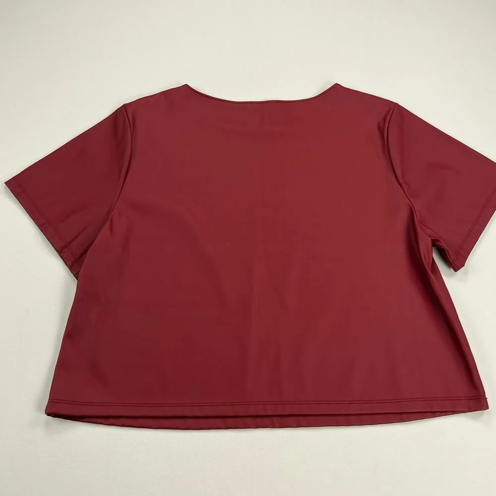 Zenana Vegan Faux Leather Short Sleeve Crop Shirt Cranberry Burgundy Size M - Image 7