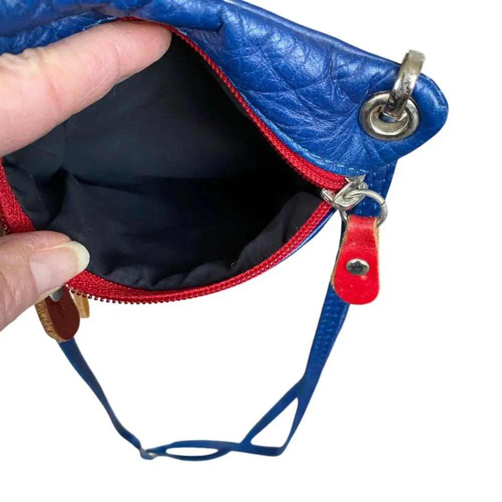 Women's blue leather crossbody shoulder bag multiple pockets colored zippers - Image 3
