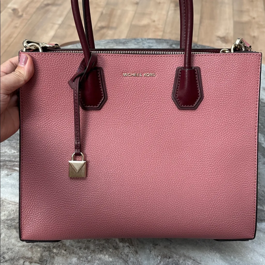 Michael Kors Mercer Large Acrdion Convertible Leather Tote 2 Tone Rose Pink Burg - Image 2