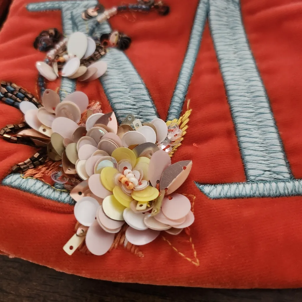 Anthropologie Coral Floral Embellished Cosmetic Pouch - Image 2