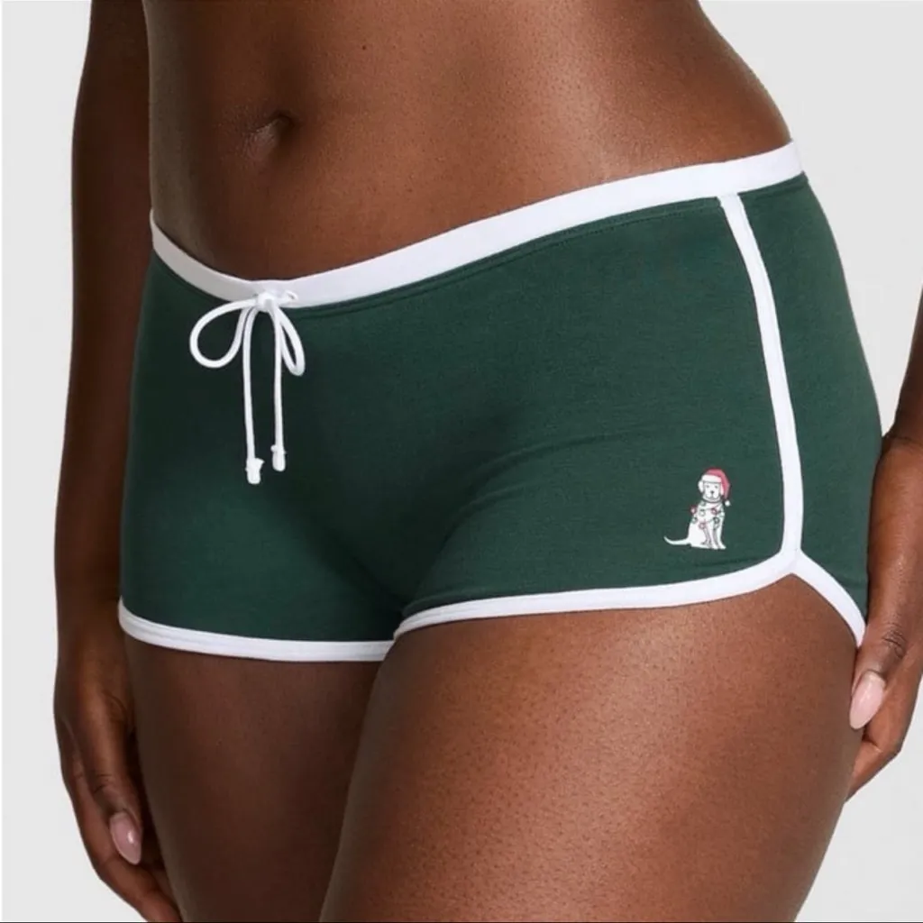 🎄🐶Victoria’s Secret PINK Cotton Dorm Boyshort Forest Green Dog Lights Graphic S - Image 2