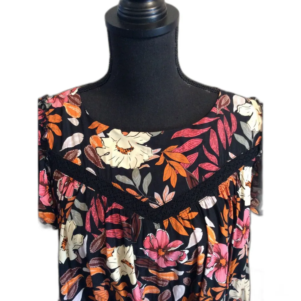 Floral Ruffled Babydoll Tunic Top Lace Romantic XL Bohme Blouse - Image 3