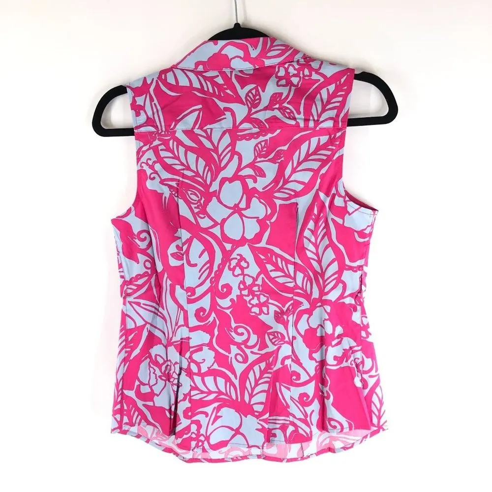 Charter Club Womens Top Button Down Sleeveless Collar Floral Blue Pink 4P - Image 3