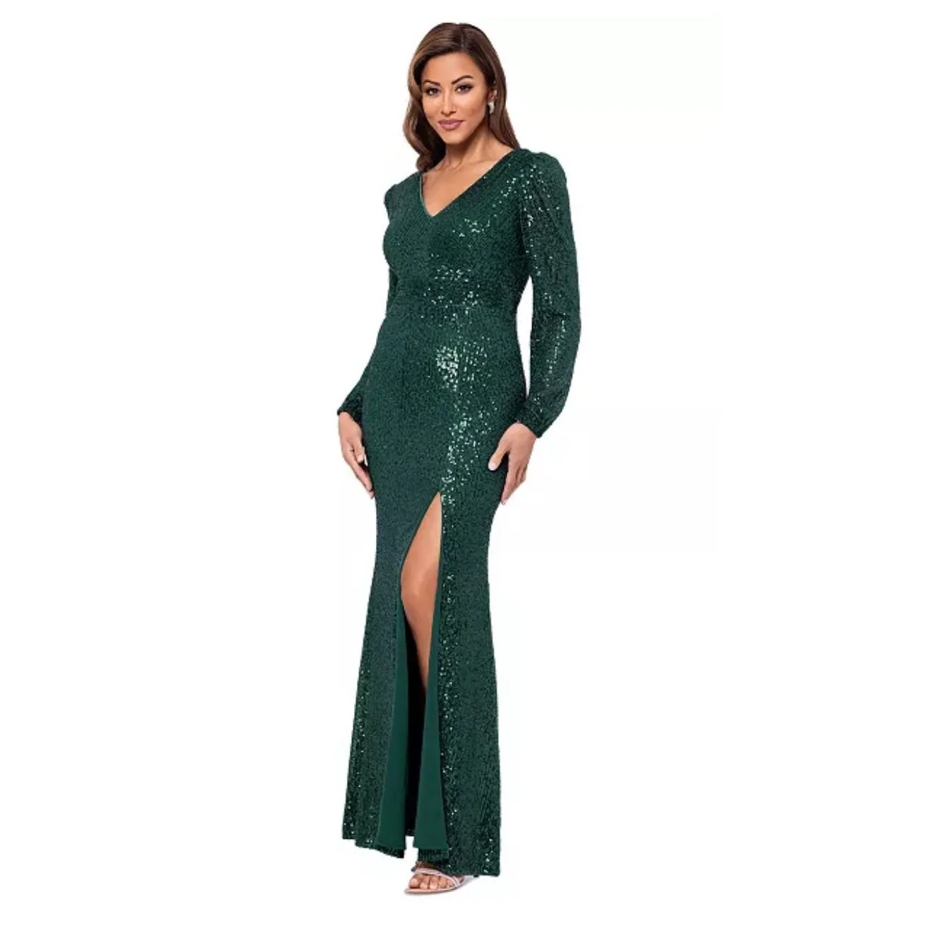 XSCAPE‎ Women's Sequinned High-Slit Evening Gown Hunter Green Size 4 - Image 9