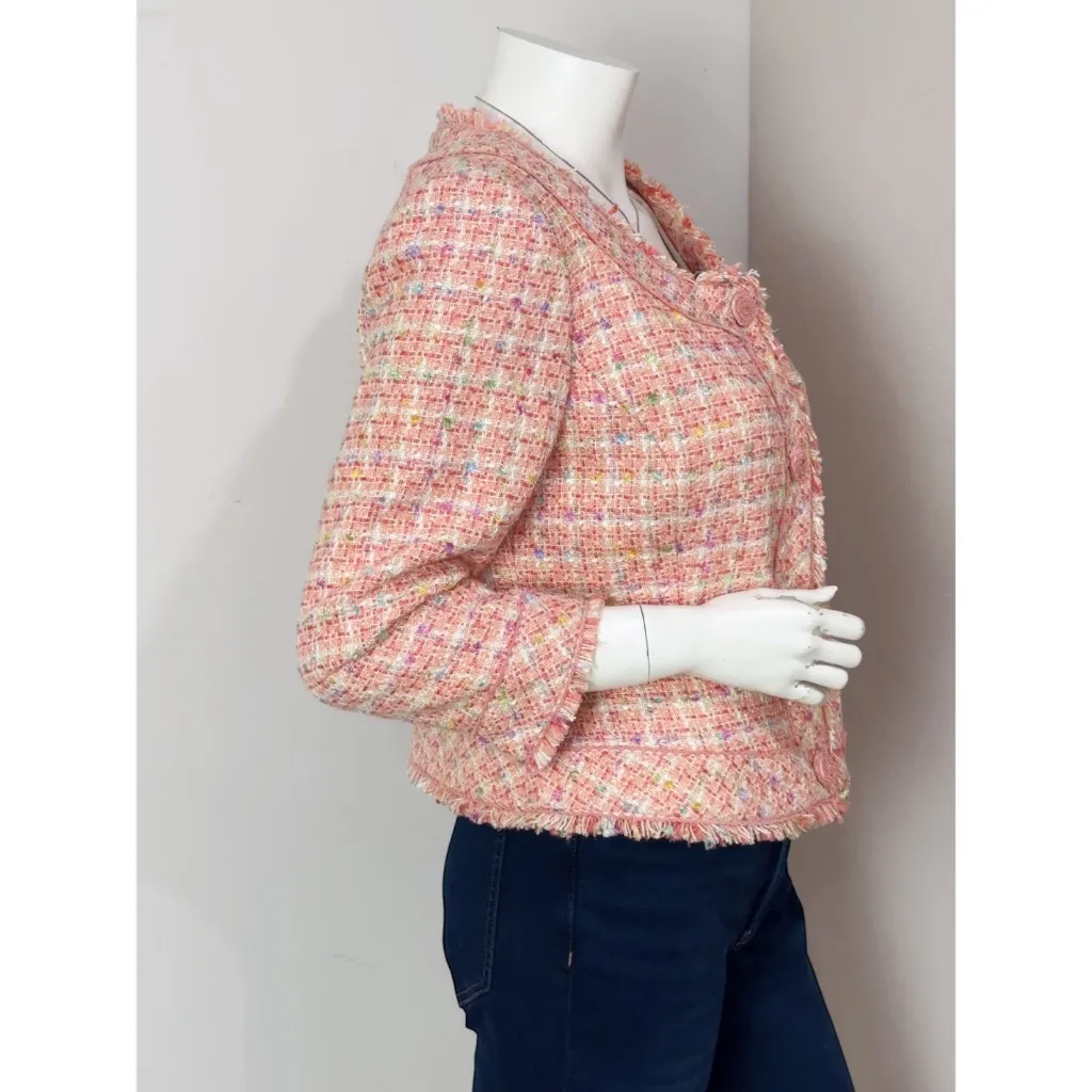 Ice Women's Pink Multi Fringe Silk Blend Tweed Blazer Jacket Size 8 - Image 4