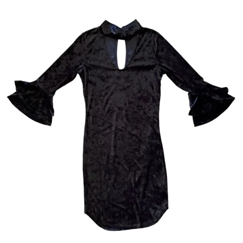 1990s Black Crushed Velvet Collar Keyhole Bell Sleeve Bodycon Sheath Mini Dress Size XS - Image 3