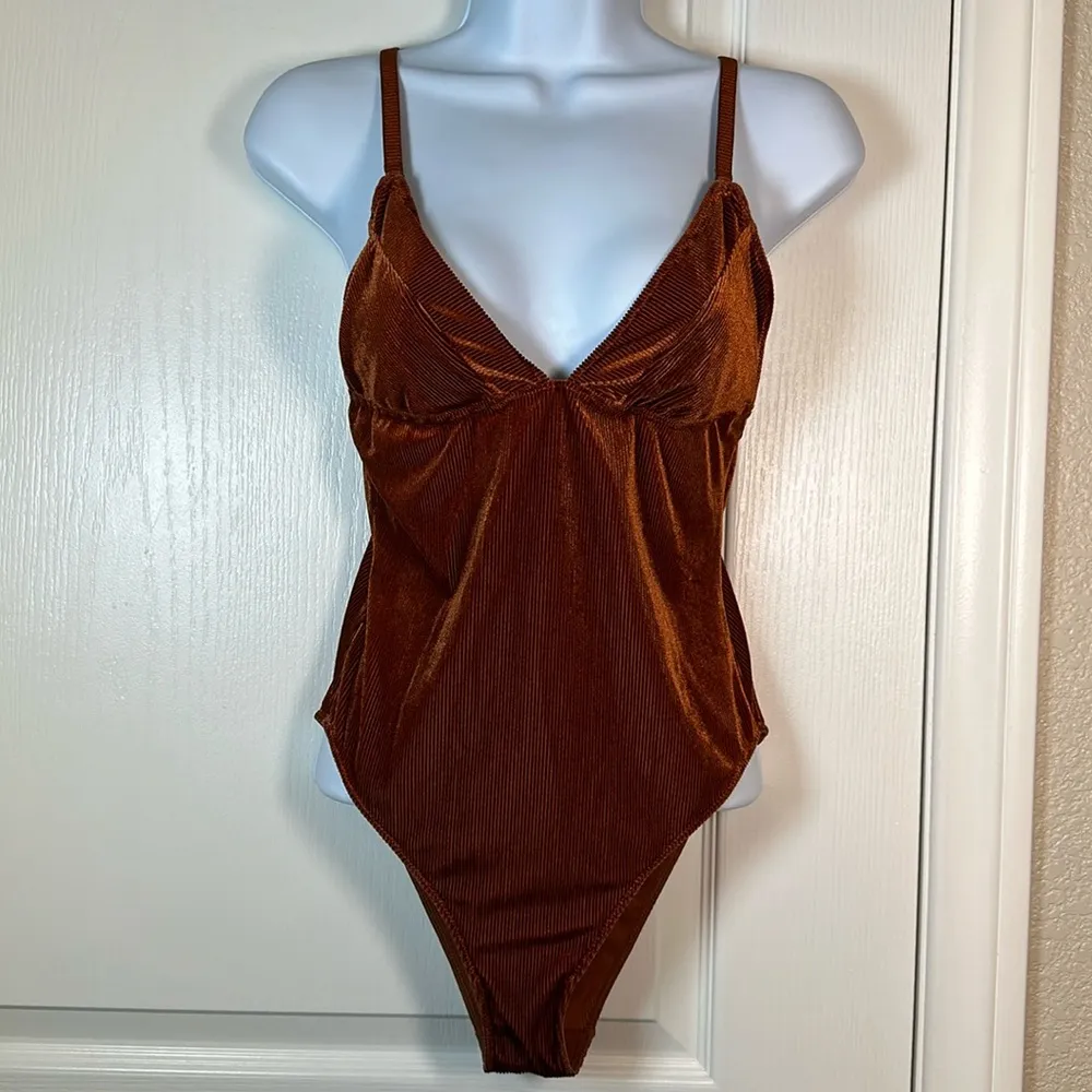 Urban Outfitters Out From Under Shayla Velvet Plunging Ribbed Orange Bodysuit - Image 2