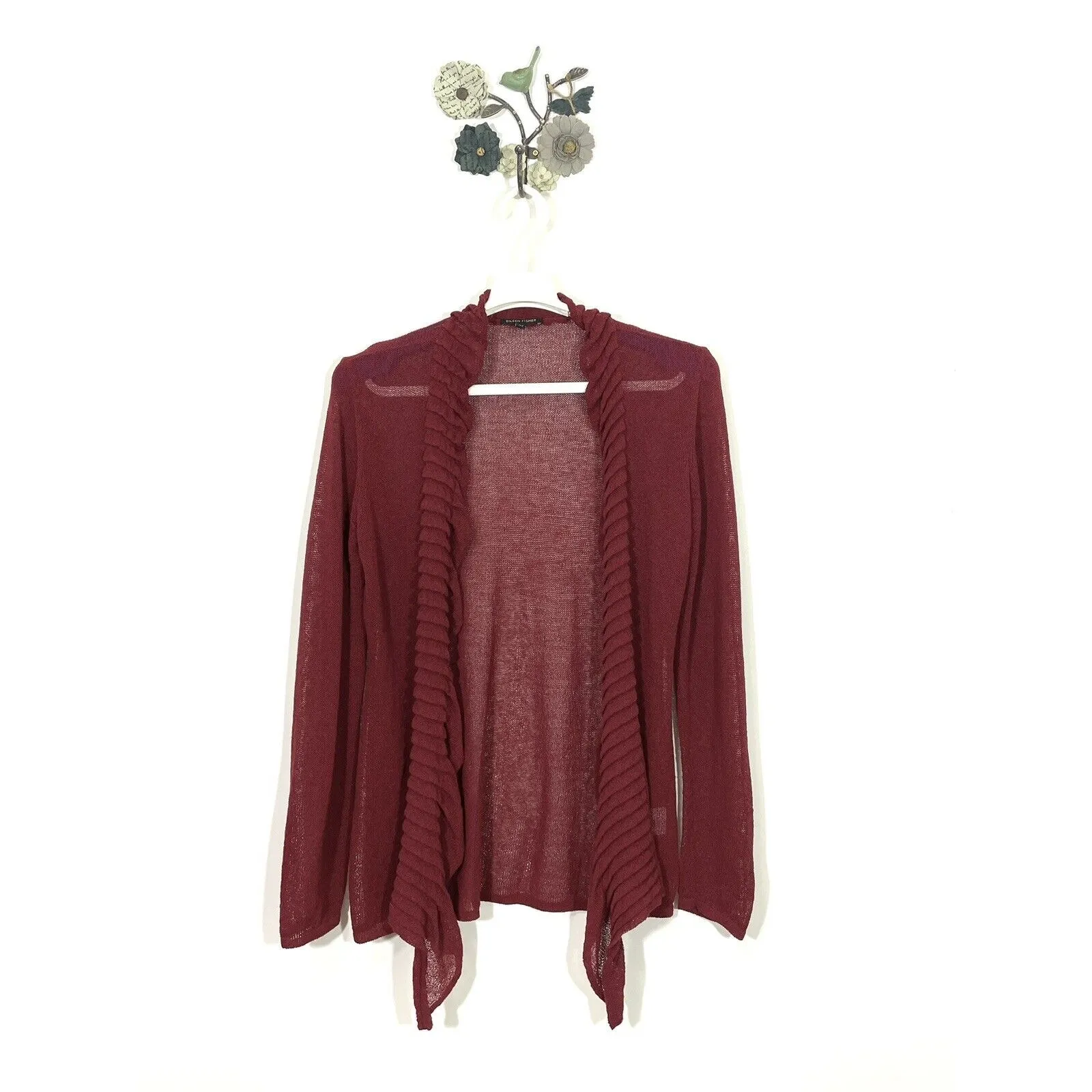 Eileen Fisher Loose Knit Open Ruffle Front Cardigan Wine Red Linen Blend Medium - Image 3