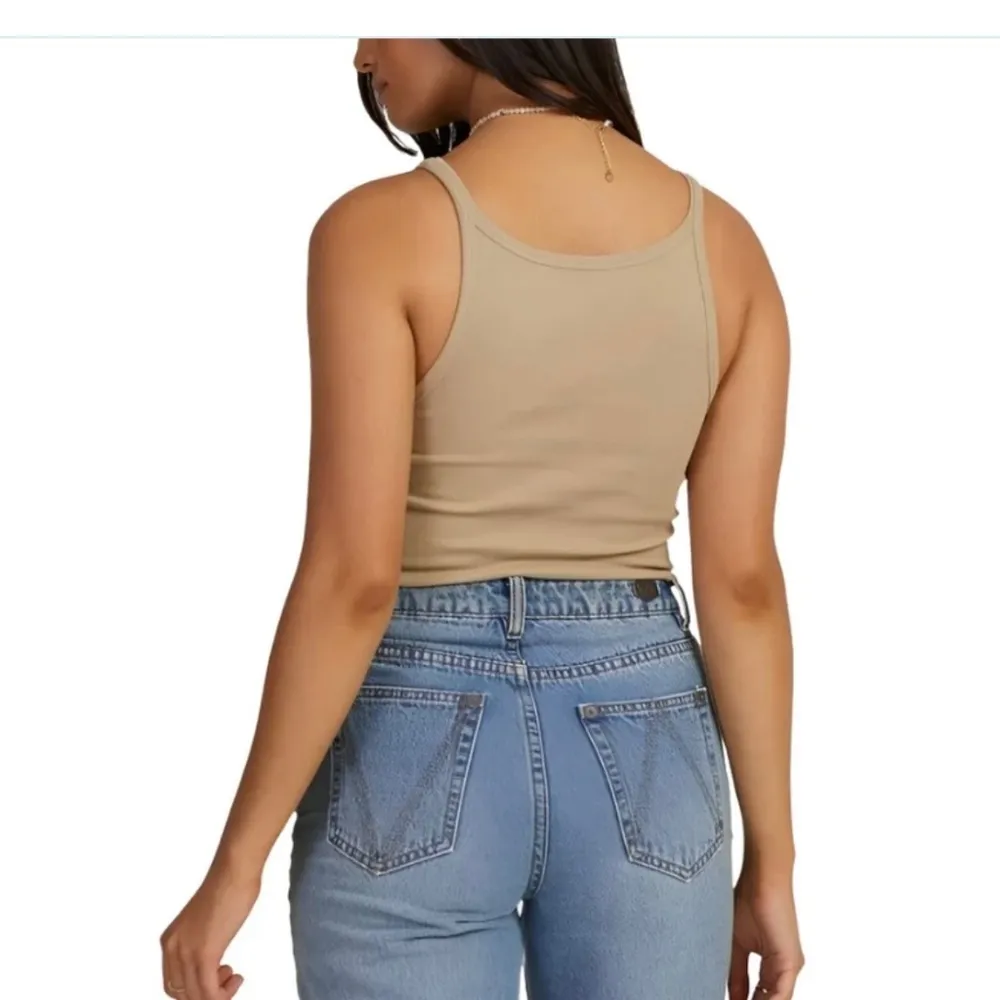 RVCA Haru Slide Graphic Tank Top Tan Ribbed Stretch Cropped NEW Women's Sz Large - Image 2