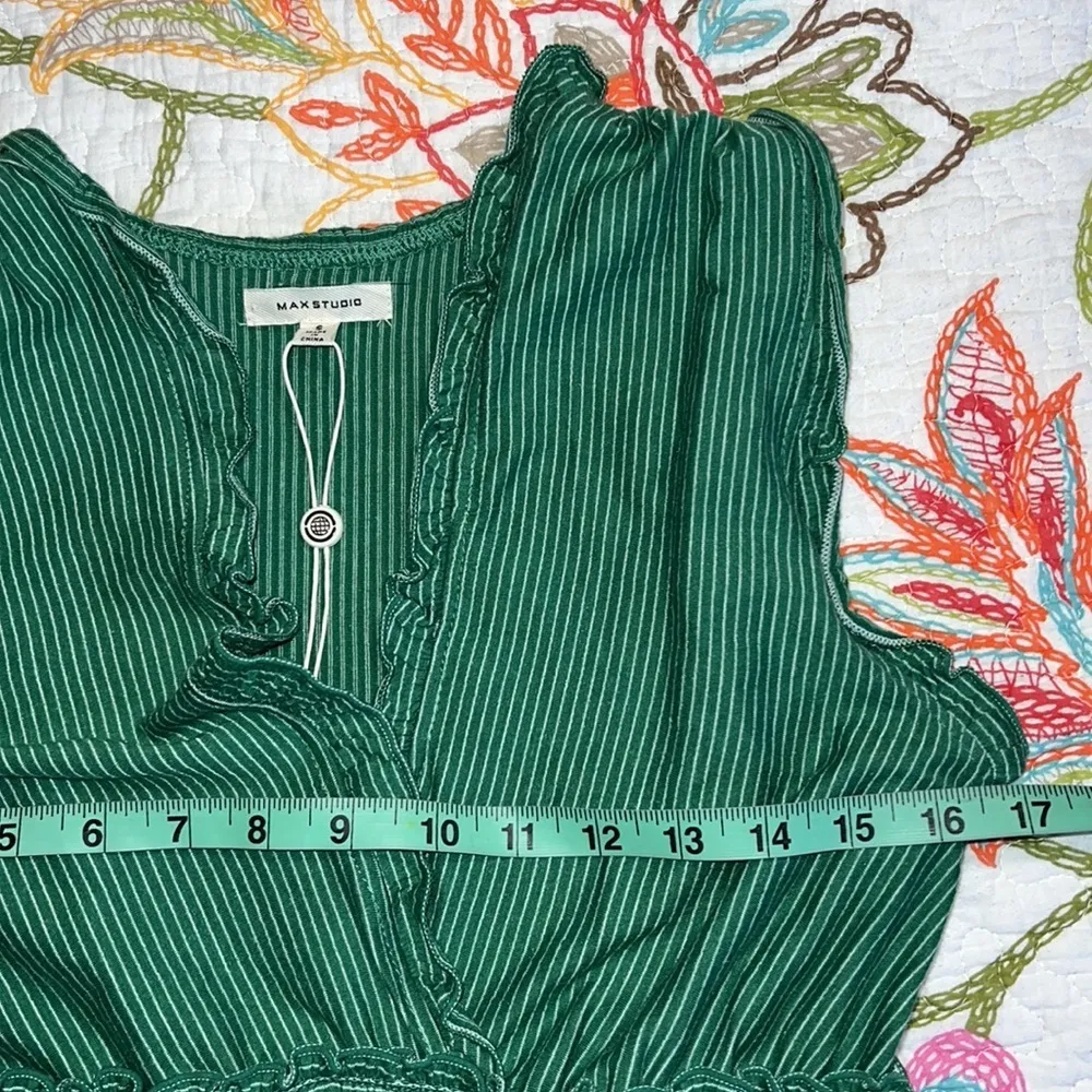 MAX STUDIO small womens mini dress pullover v-neck elastic waist striped green - Image 3