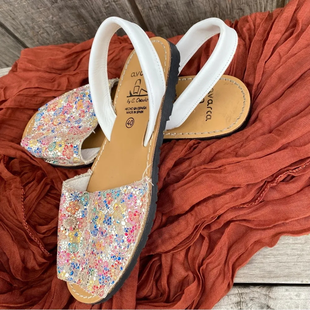 Avarca Mosaic Floral Spanish Leather Flat Sandals Size 9 Pink - Image 2