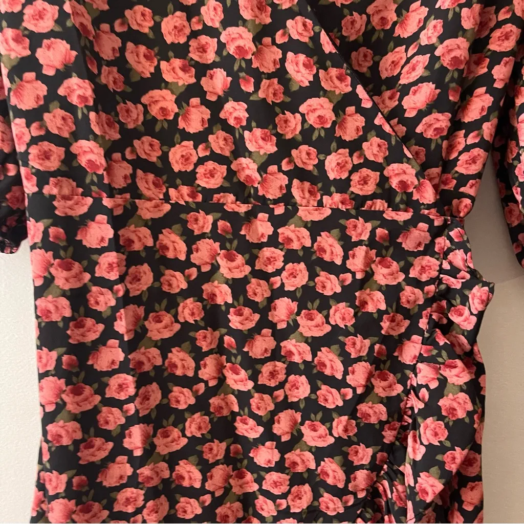 Collection Floral Puff Sleeve Mini Wrap Dress V-Neck Black Roses Y2K - Image 6