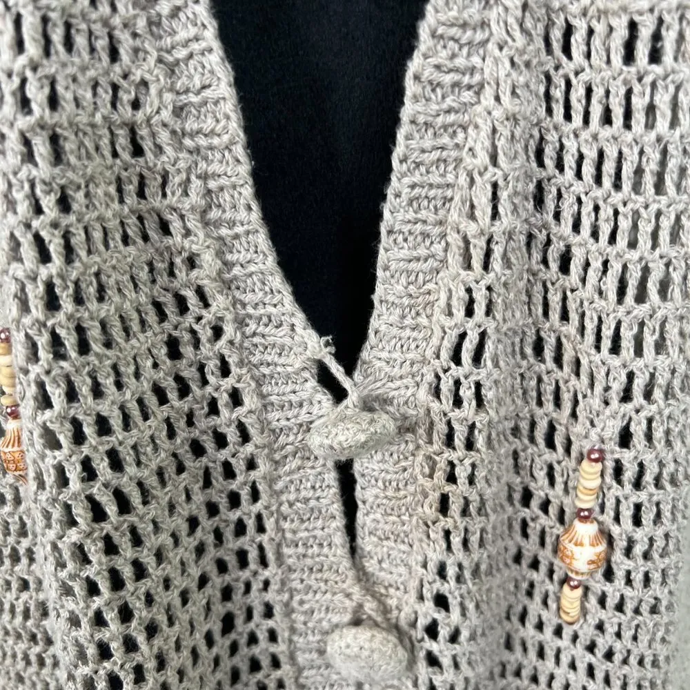Vintage Loose Knit Button Front Crochet Beaded Beachy Coastal Vest Linen Blend Tan - Image 2