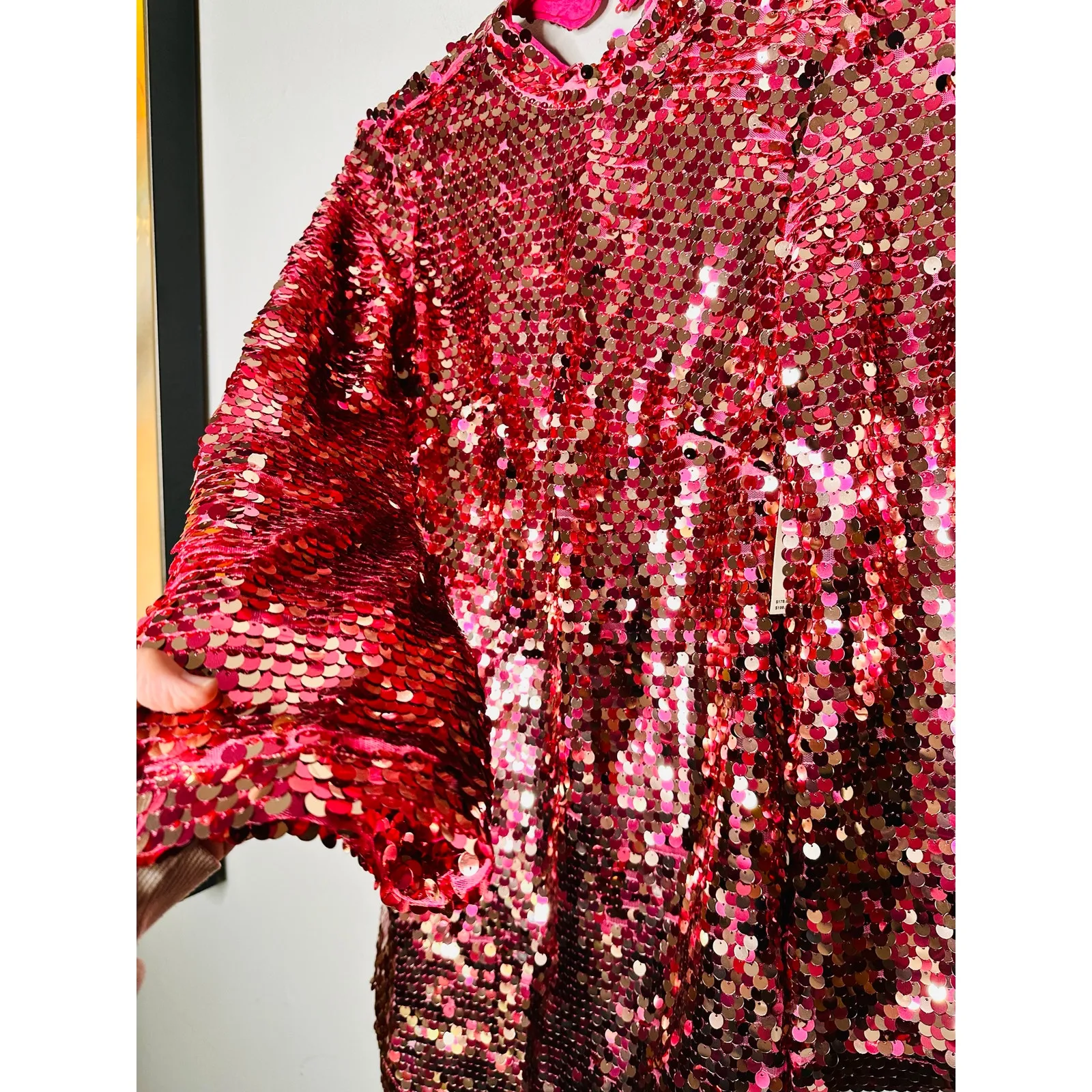 ANTHROPOLOGY MAEVE Pink Sequin Mock Neck Bell Sleeve Mini Dress NWT Size XS - Image 9