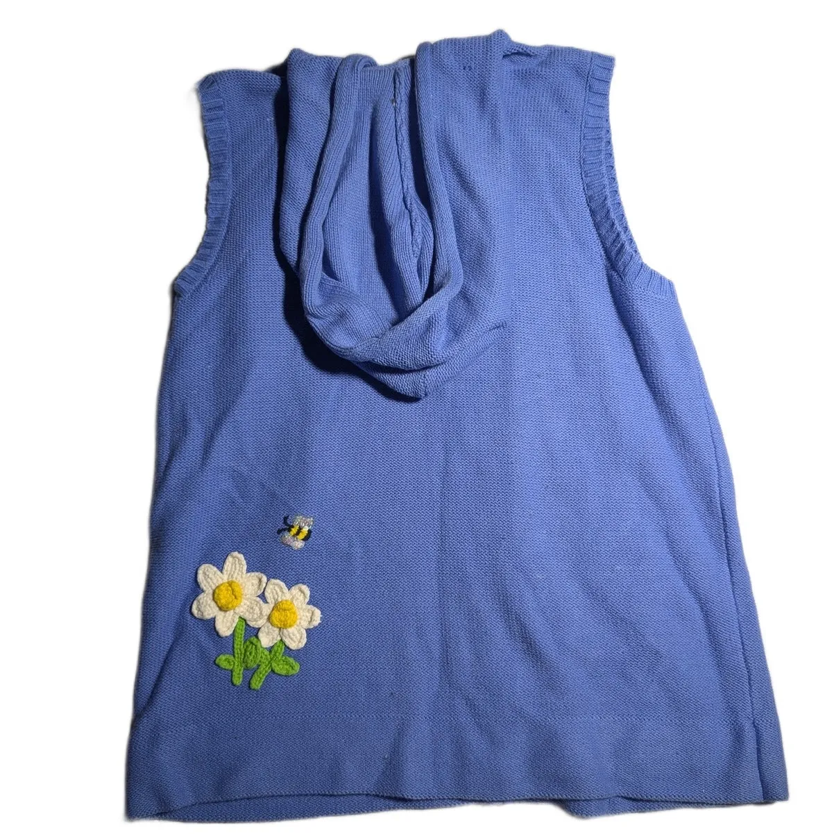 Vtg 1990s Quacker Factory Blue Knit Daisy Bee Embroidered Hooded Zip Up Vest L Size L - Image 2