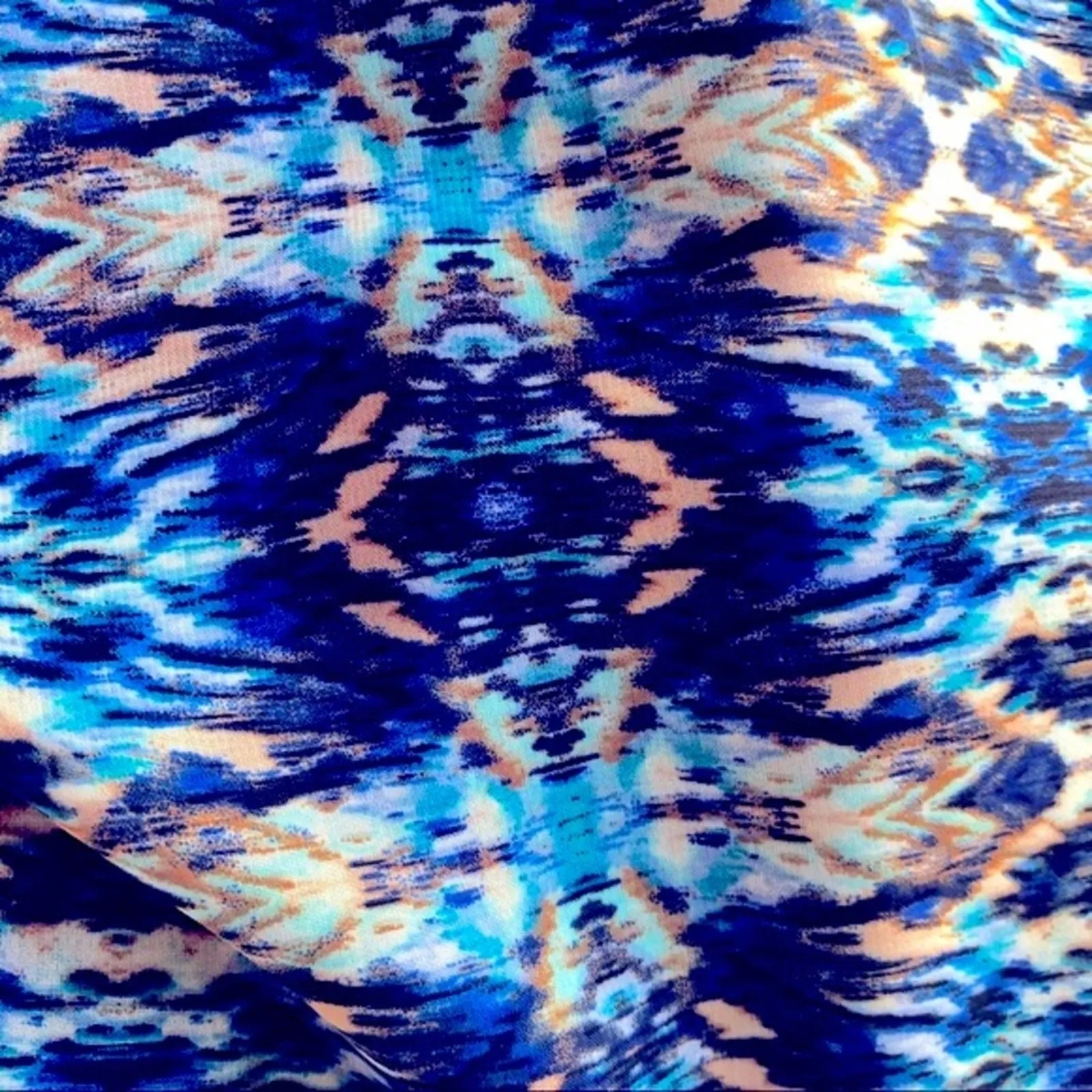 Cato Caged Back Belted Midi Blouson Dress Medium Blue Tan Cream Pattern - Image 7